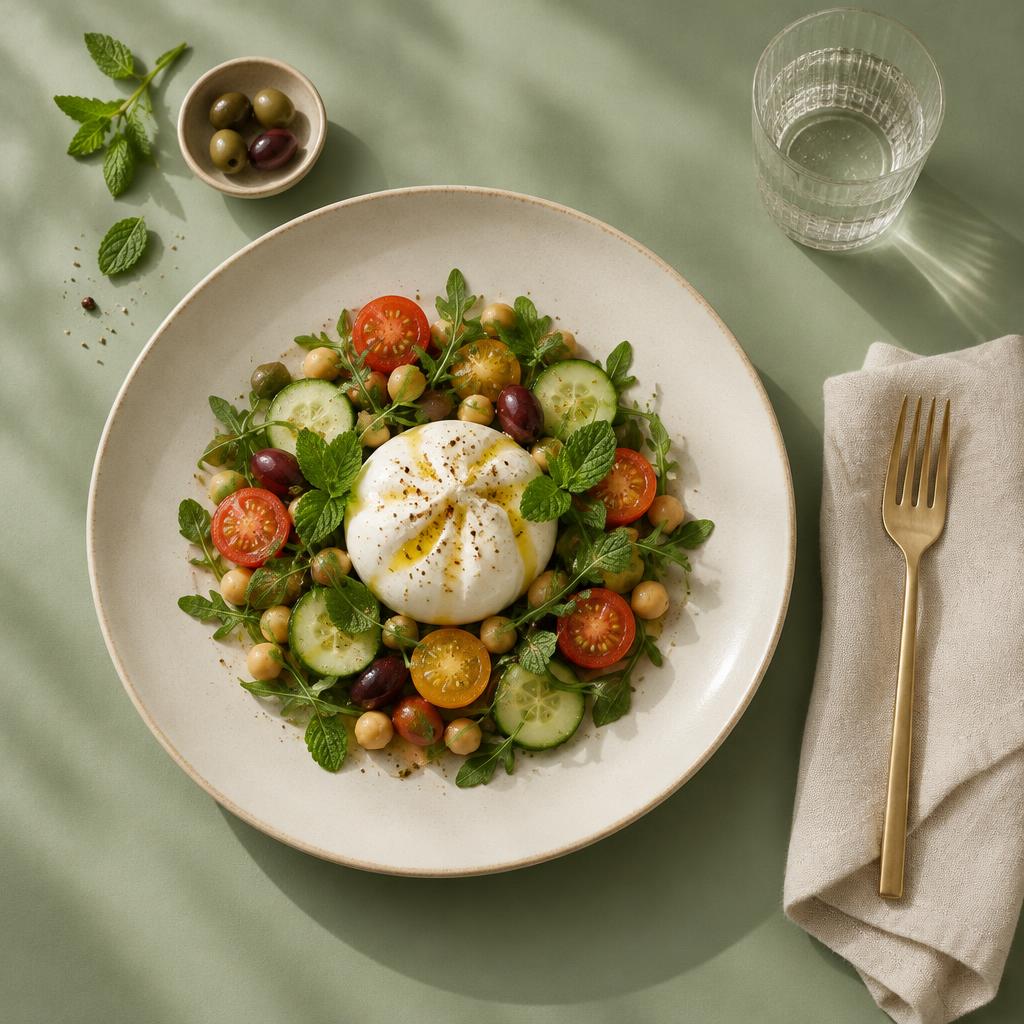 Plato de burrata, garbanzos y verduras frescas sobre fondo verde salvia